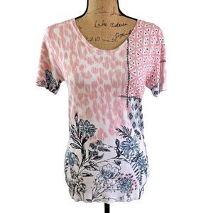 Leo & Ugo Women's Pink White Silver Sparkle Short Sleeve Sweater Sz 10/46